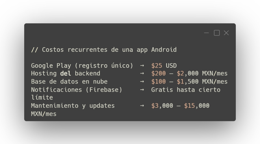 Tabla de costos adicionales y recurrentes de una app Android