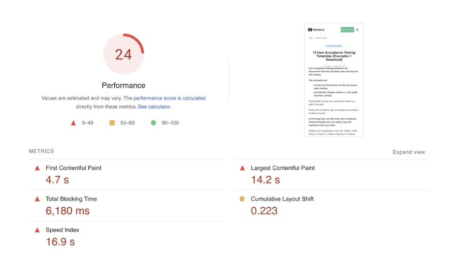 Captura de PageSpeed Insights mostrando puntaje bajo en sitio lento